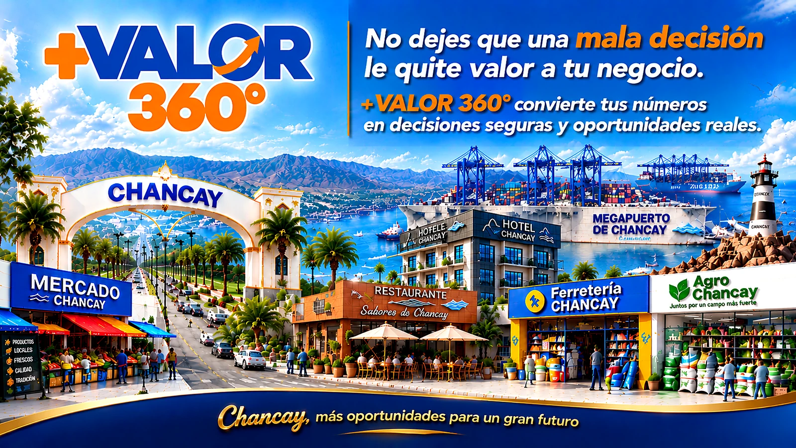 Composición de Chancay, el megapuerto y negocios locales con la identidad de + VALOR 360