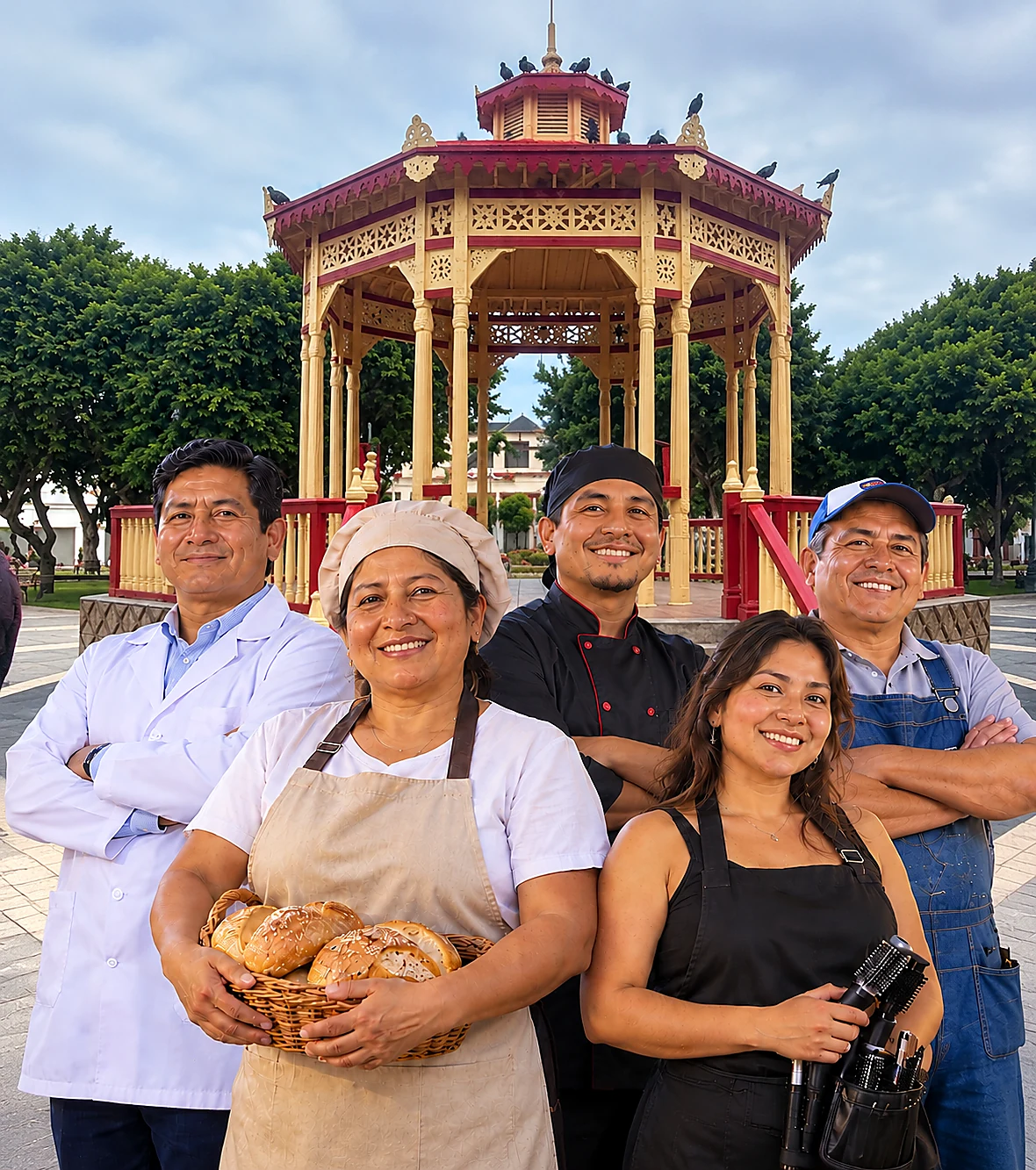 Emprendedores locales frente a la glorieta representativa de Chancay