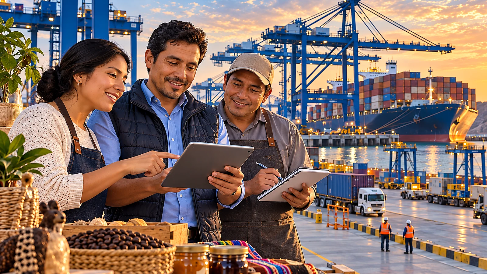 Emprendedores revisando información frente al entorno portuario de Chancay